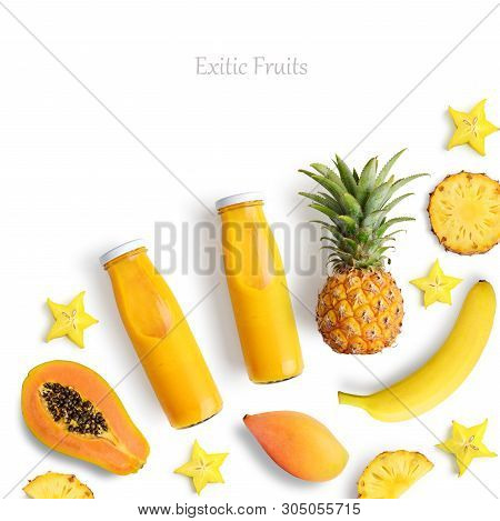 Smothies In Bottles With Fresh Fruits Isolated On White Background, Top View