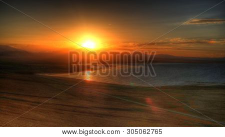 Aerial,panorama Of Song Kul Lake At The Sunset, Kyrgyzstan