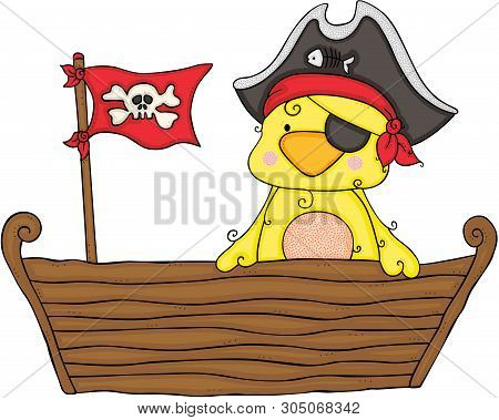 Scalable Vectorial Representing A Cute Yellow Bird Pirata On Wooden Boat, Element For Design, Illust