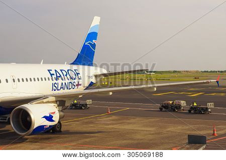 Vagar, Faroe Islands, Denmark - May 23, 2019 : Airplane Of Atlantic Airways Prepares For Flight At T