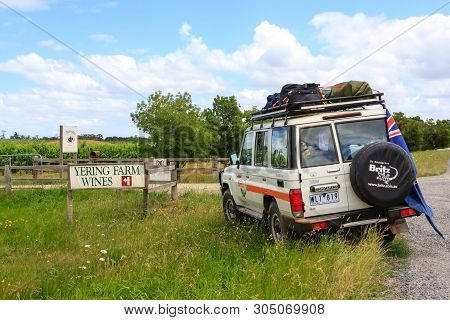 Yering, Australia - January 8, 2009: Off-road Car Standing Near Yering Farm Wines Fence. Victoria, A