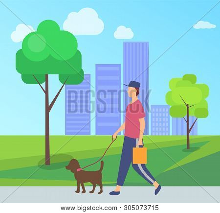 Person Wearing Casual Clothes And Cap, Dog Domestic Animal With Lead, Human Holding Package. Vector 