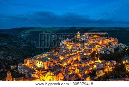 View Of The Old Town Of Ragusa Ibla At Night, Sicily, Italy