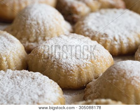 Maamoul - Arabic Cookies Stuffed Dates With Pistachios. Close Up. Cookies For Celebration Of El Fitr