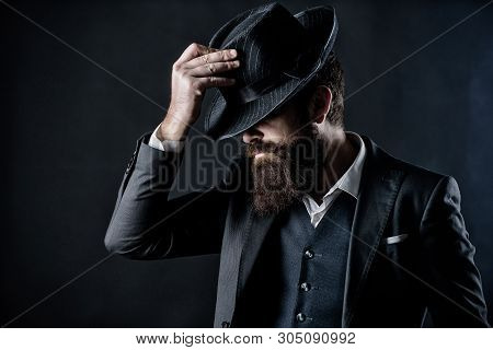 Englishman Club. Detective In Hat. Mature Hipster With Beard. Brutal Caucasian Hipster Has Moustache