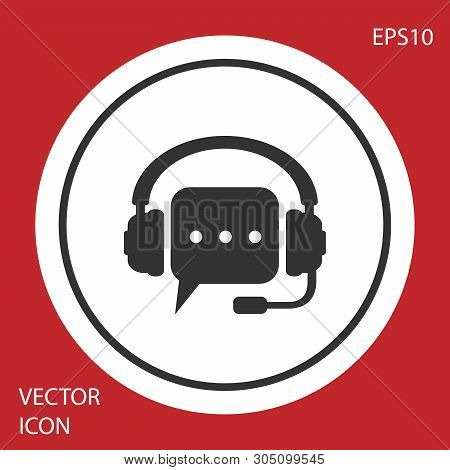 Grey Headphones With Speech Bubble Icon On Red Background. Support Customer Services, Hotline, Call 