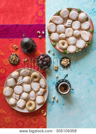 Arabic Cookies Maamoul. Ramadan Sweets Background. Top View.