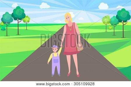 Mother And Kid Walking Vector, Woman Teaching Son To Walk In City Park With Buildings. Mom And Small