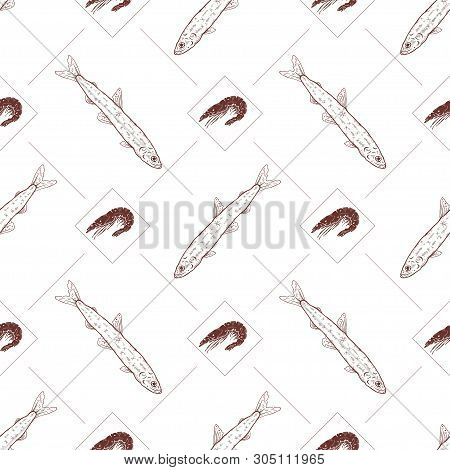 Seamless Pattern With Fish And Shrimps On A White Background. Vector Illustration