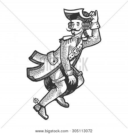 Baron Fairy Character Flies On Cannonball Sketch Engraving Vector Illustration. Scratch Board Style 