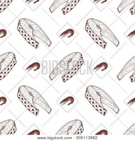 Seamless Pattern With Shrimps And Fish Steaks On A White Background. Vector Illustration