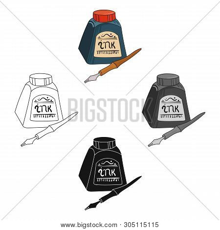 Dip Pen With Inkwell Icon In Cartoon, Black Style Isolated On White Background. Artist And Drawing S