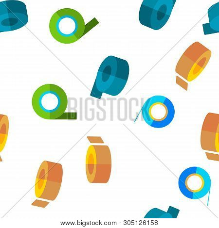 Sticky Tape Rolls Vector Color Icons Seamless Pattern. Adhesive Tape Roll, Office Supply, Stationery