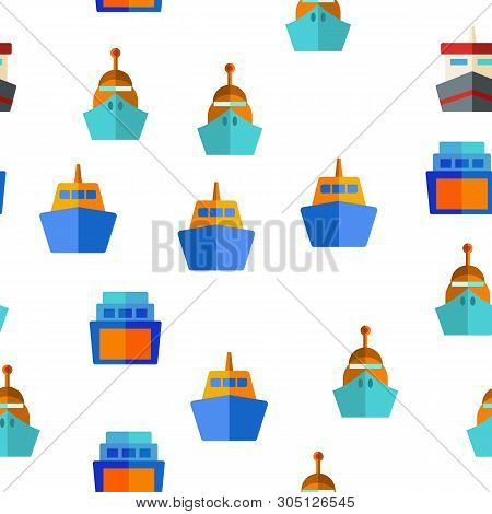 Ferry, Vessel And Ship Vector Color Icons Seamless Pattern. Ferry Front And Side View Linear Symbols