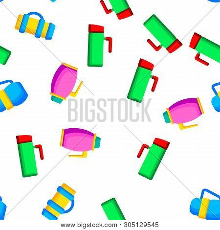 Vacuum Flasks And Bottles Vector Color Icons Seamless Pattern. Eco Flasks, Takeaway Hot Drink Linear
