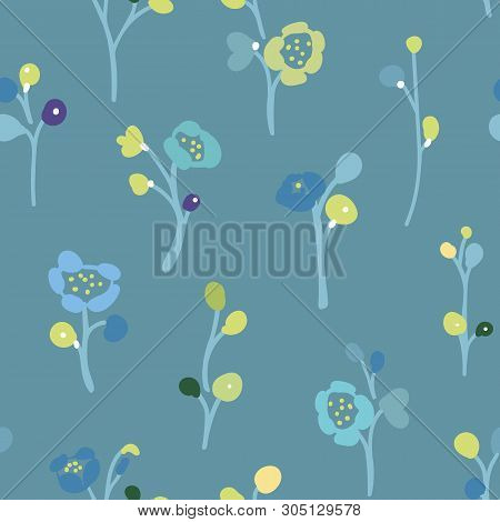 Blue Vector Repeat Pattern With Small Hand Drawn Doodle Florals And Green Buds.