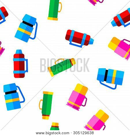 Vacuum Flasks And Bottles Vector Color Icons Seamless Pattern. Eco Flasks, Takeaway Hot Drink Linear