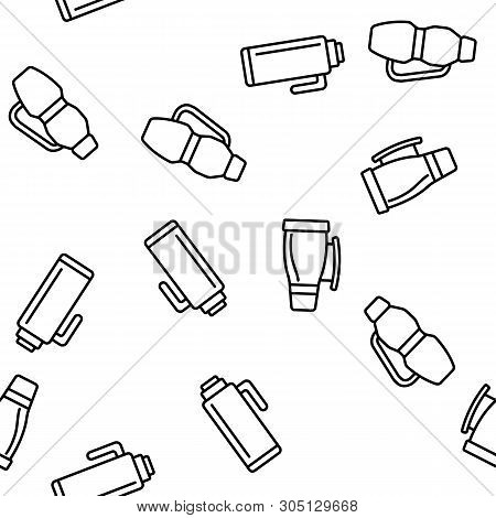 Vacuum Flasks And Bottles Vector Color Icons Seamless Pattern. Eco Flasks, Takeaway Hot Drink Linear