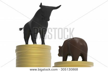 Bull And Bear On Gold Coins Stack A Symbol Of The Stock Market Frontside. Falling Stock Market. 3d I
