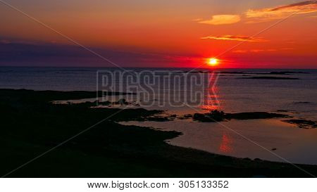 Seascape On Andoya Island, Rocky Coastline At Midnight Sun During Summer, Vesteralen Archipelago, No