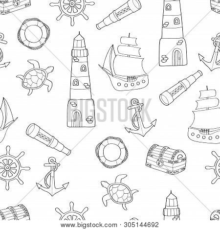 Doodle Seamless Pattern On Marine Theme: Ship, Lighthouse, Lifeline, Anchor, Steering Wheel, Telesco