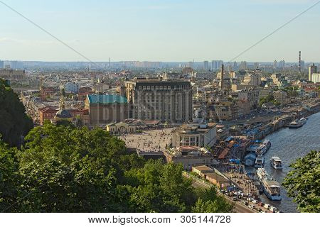Kyiv, Ukraine-june 01, 2019: Aerial Landscape View Of Kyiv. Poshtova Square (postal Square) Is One O