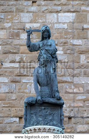 FLORENCE, ITALY - JANUARY 11, 2019: Judith and Holofernes by Donatello, Piazza della Signoria, Florence, Italy