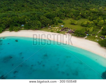 Drone view Champagne Beach, Vanuatu, Espiritu Santo island, near Luganville,  South Pacific