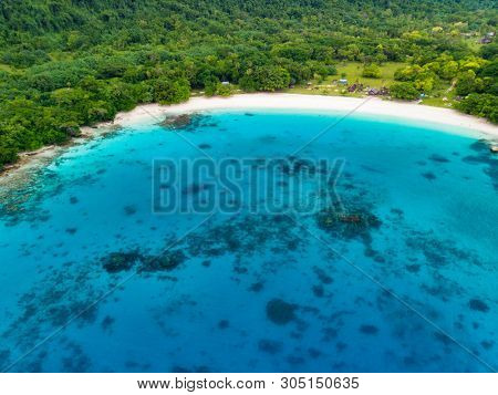 Drone view Champagne Beach, Vanuatu, Espiritu Santo island, near Luganville,  South Pacific