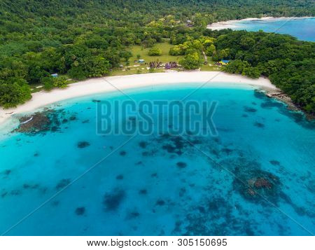 Drone view Champagne Beach, Vanuatu, Espiritu Santo island, near Luganville,  South Pacific
