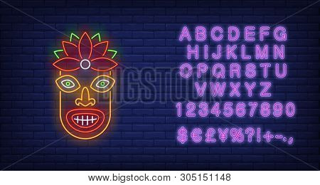 Colorful Tiki Idol Neon Sign. Tribal Mask, Ancient Culture Design. Night Bright Neon Sign, Colorful 