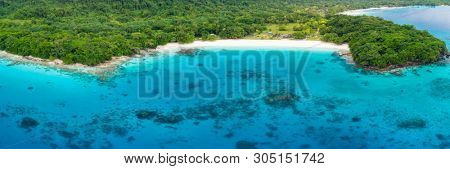 Drone view Champagne Beach, Vanuatu, Espiritu Santo island, near Luganville,  South Pacific