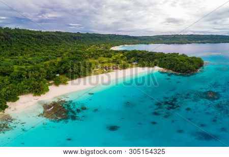 Drone view Champagne Beach, Vanuatu, Espiritu Santo island, near Luganville,  South Pacific