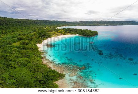 Drone view Champagne Beach, Vanuatu, Espiritu Santo island, near Luganville,  South Pacific