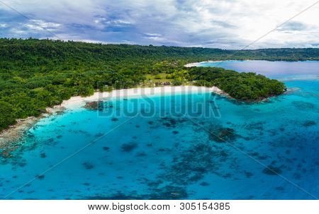 Drone view Champagne Beach, Vanuatu, Espiritu Santo island, near Luganville,  South Pacific