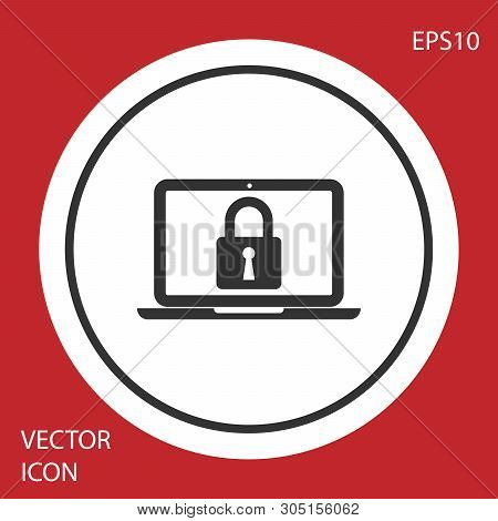 Grey Laptop And Lock Icon Isolated On Red Background. Computer And Padlock. Security, Safety, Protec