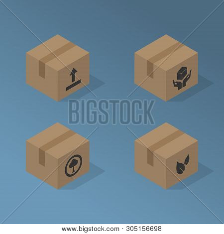 Set Of Isometric Postage Parcel Boxes With Various Symbols