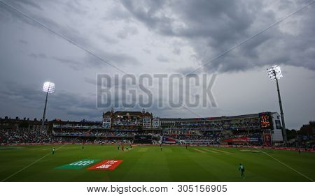 LONDON, ENGLAND. 05 JUNE 2019: A general view at dusk as the lights take effect during the Bangladesh v New Zealand, ICC Cricket World Cup match, at the Kia Oval, London, England.