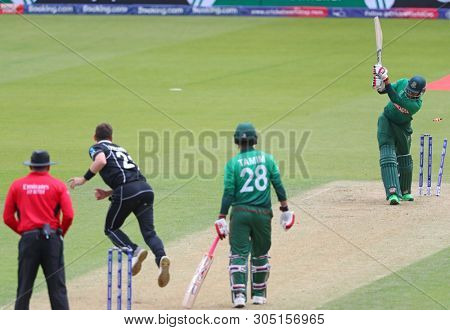 LONDON, ENGLAND. 05 JUNE 2019: Soumya Sarkar of Bangladesh is bowled out by Matt Henry of New Zealand  during the Bangladesh v New Zealand, ICC Cricket World Cup match, at the Kia Oval, London