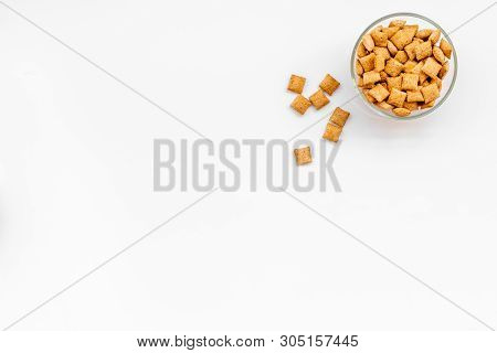 Cereals, Oatflakes And Cornflakes For Healthy Breakfast On White Background Top View Mock Up