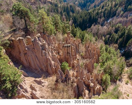 Natural Earth Pyramids In Renon Ritten Italy. Aerial View