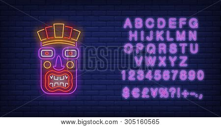Terrible Tiki Idol Neon Sign. Tribal Mask, Ancient Culture Design. Night Bright Neon Sign, Colorful 