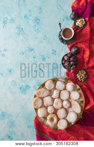 Maamoul - Arabic Homemade Cookies Filled With Dates, Pistachios And Walnuts. Top View.