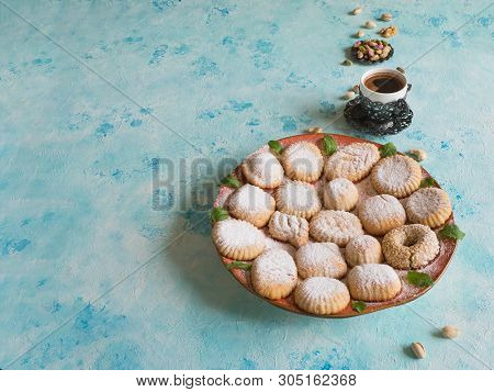 Maamoul - Arabic Homemade Cookies Filled With Dates, Pistachios And Walnuts. Top View.