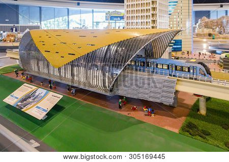 Dubai, Uae, January 09, 2019: Miniature Of The Sheikh Zayed Road Metro Station In Miniland Of Legola