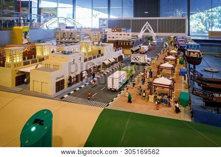 Dubai, Uae, January 09, 2019: Miniature Of The Sea Harbor With Ships, Moorings And All Infrastructur
