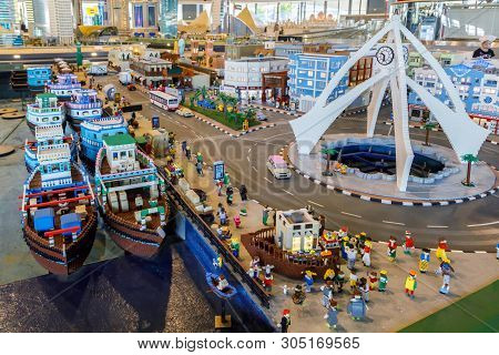 Dubai, Uae, January 09, 2019: Miniature Of The Sea Harbor With Ships, Moorings And All Infrastructur