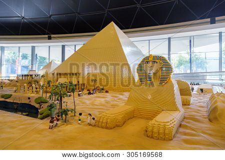 Dubai, Uae, January 09, 2019: Miniature Of The Pyramids And The Sphinx In Miniland Of Legoland