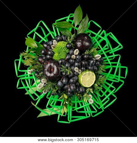 Unique Gift Handmade In The Form Of Bouquet Of Flowers And Fruits Decorated With Many Green Straws F
