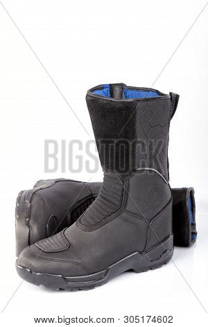 Detail Of A Pair Of Motorcycle Boots Isolated On White